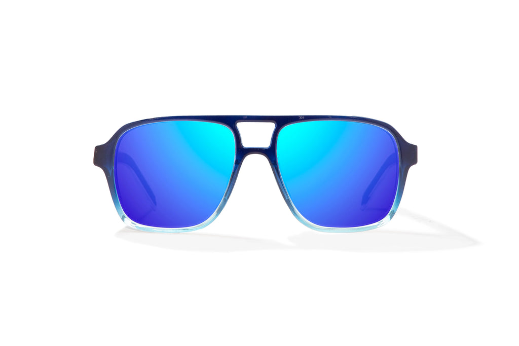 Front view of Blue Sky Gloss 12 South Bajio beach sunglasses, bio-based nylon frames with blue mirror polarized lenses, large-fit premium, built in sun ledge and sturdy barrel hinges, ideal for fishing and outdoor use.