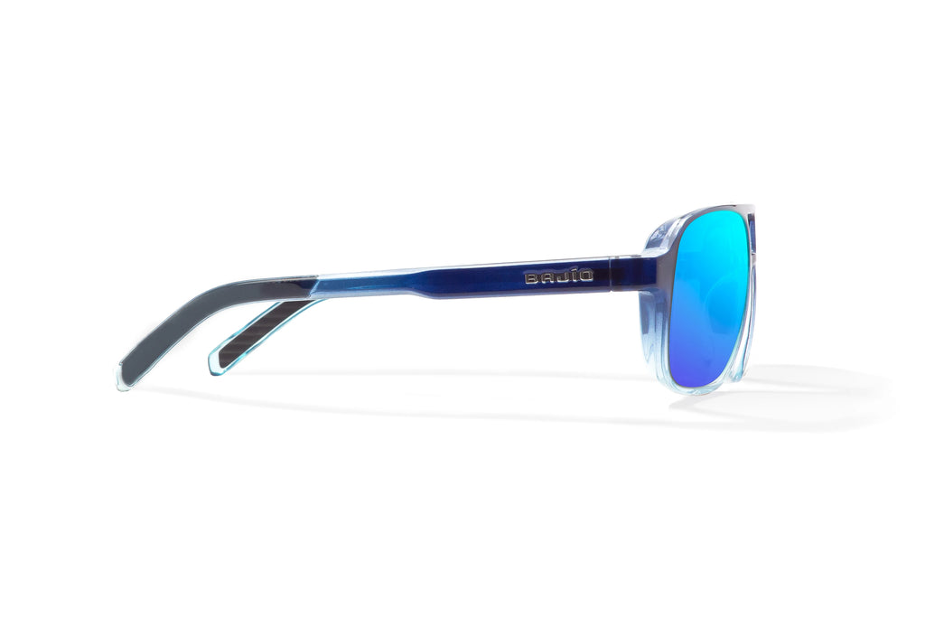 Side view of Blue Sky Gloss 12 South Bajio beach sunglasses, bio-based nylon frames with blue mirror polarized lenses, large-fit premium, built in sun ledge and sturdy barrel hinges, ideal for fishing and outdoor use.