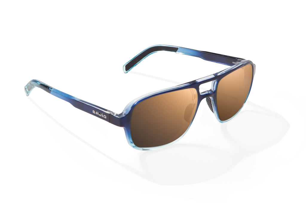 Angled view of Blue Sky Gloss 12 South Bajio beach sunglasses, bio-based nylon frames with copper polarized lenses, large-fit premium, built in sun ledge and sturdy barrel hinges, ideal for fishing and outdoor use.