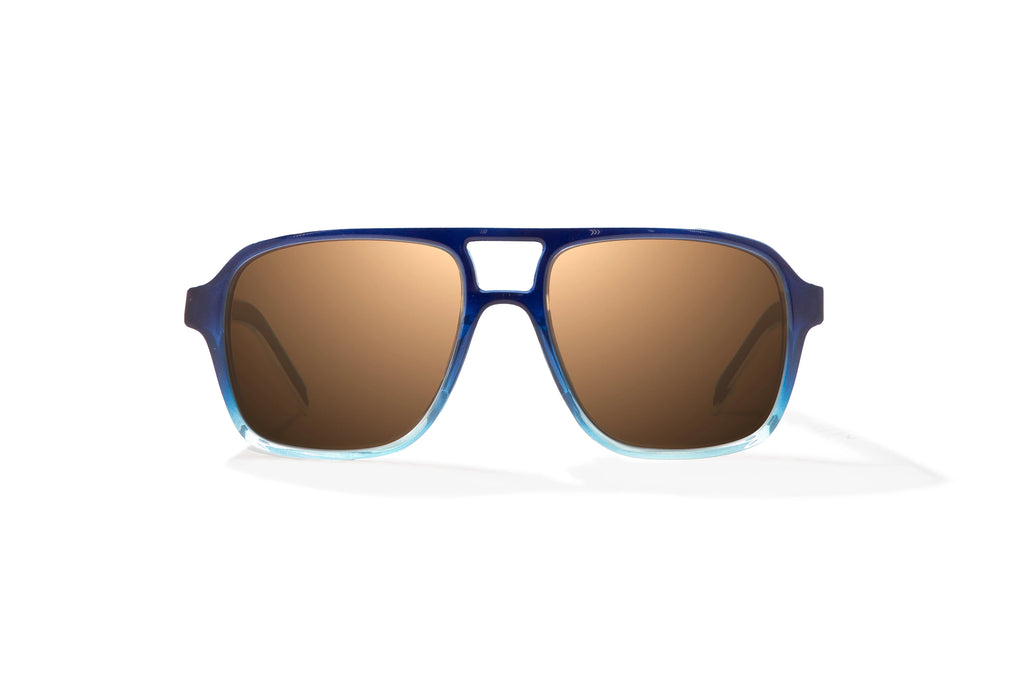 Front view of Blue Sky Gloss 12 South Bajio beach sunglasses, bio-based nylon frames with copper polarized lenses, large-fit premium, built in sun ledge and sturdy barrel hinges, ideal for fishing and outdoor use.