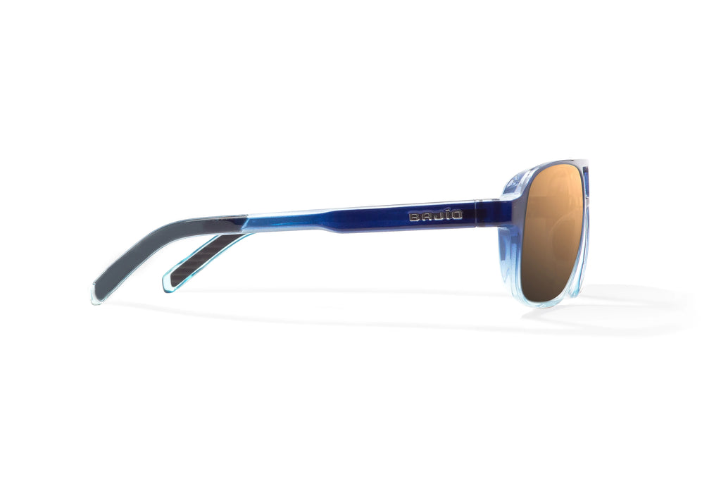 Side view of Blue Sky Gloss 12 South Bajio beach sunglasses, bio-based nylon frames with copper polarized lenses, large-fit premium, built in sun ledge and sturdy barrel hinges, ideal for fishing and outdoor use.