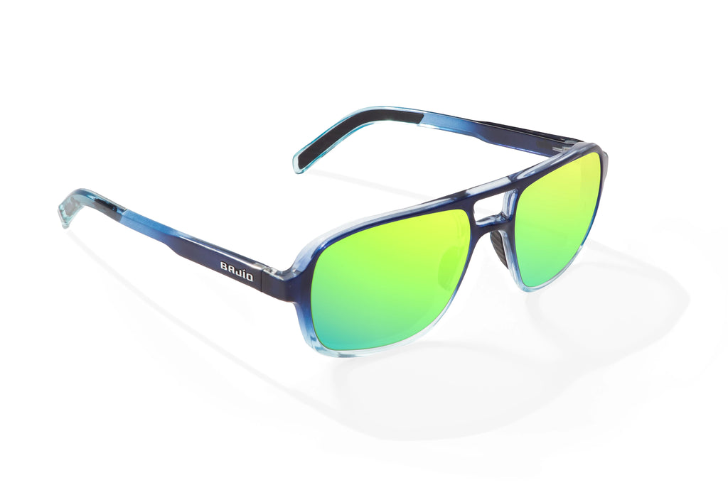 Angled view of Blue Sky Gloss 12 South Bajio beach sunglasses, bio-based nylon frames with green mirror polarized lenses, large-fit premium, built in sun ledge and sturdy barrel hinges, ideal for fishing and outdoor use.