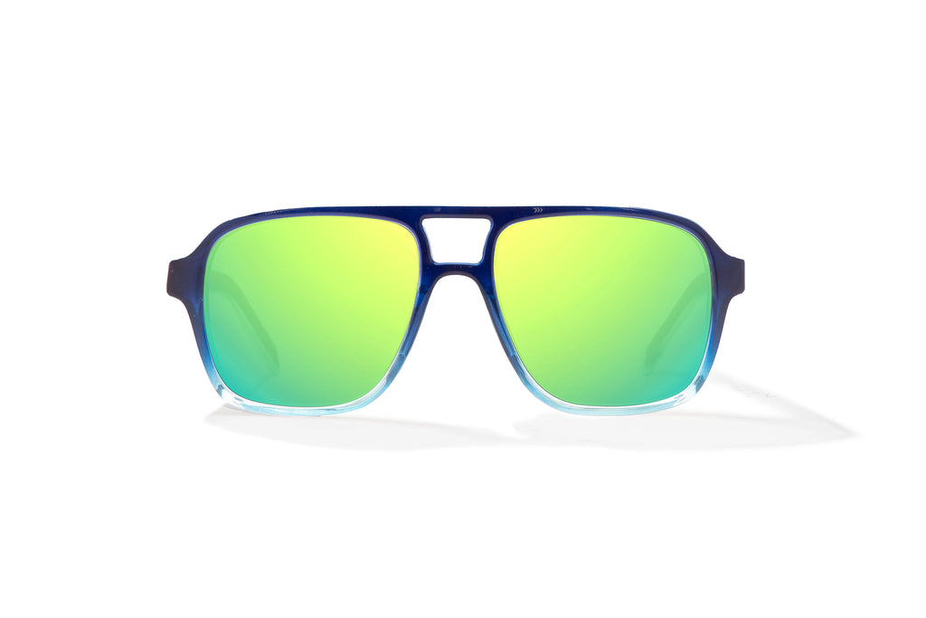 Front view of Blue Sky Gloss 12 South Bajio beach sunglasses, bio-based nylon frames with green mirror polarized lenses, large-fit premium, built in sun ledge and sturdy barrel hinges, ideal for fishing and outdoor use.