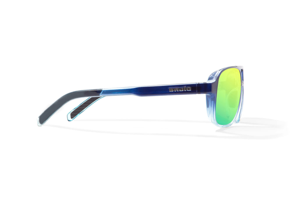 Side view of Blue Sky Gloss 12 South Bajio beach sunglasses, bio-based nylon frames with green mirror polarized lenses, large-fit premium, built in sun ledge and sturdy barrel hinges, ideal for fishing and outdoor use.