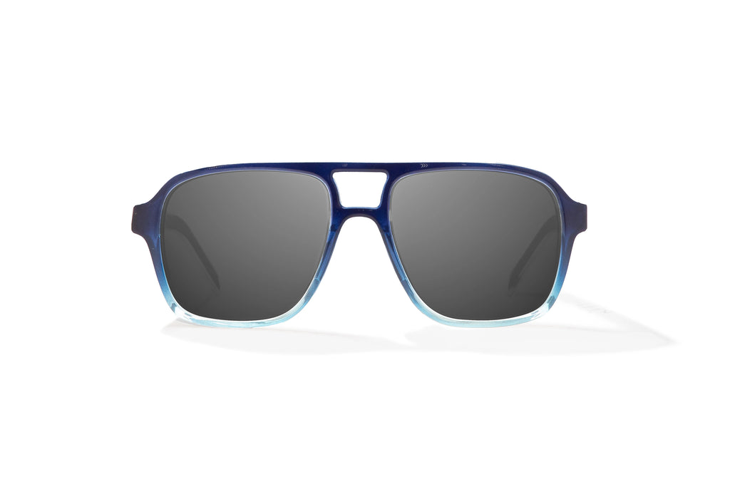 Front view of Blue Sky Gloss 12 South Bajio beach sunglasses, bio-based nylon frames with gray polarized lenses, large-fit premium, built in sun ledge and sturdy barrel hinges, ideal for fishing and outdoor use.