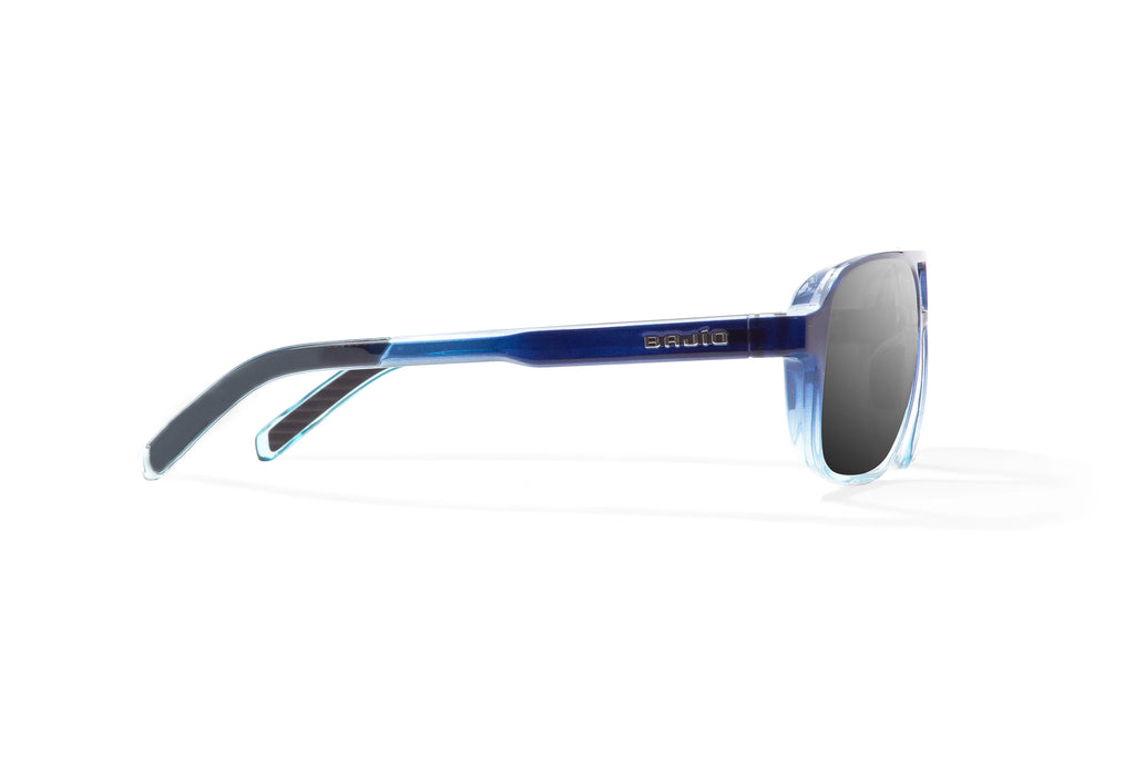 Side view of Blue Sky Gloss 12 South Bajio beach sunglasses, bio-based nylon frames with gray polarized lenses, large-fit premium, built in sun ledge and sturdy barrel hinges, ideal for fishing and outdoor use.