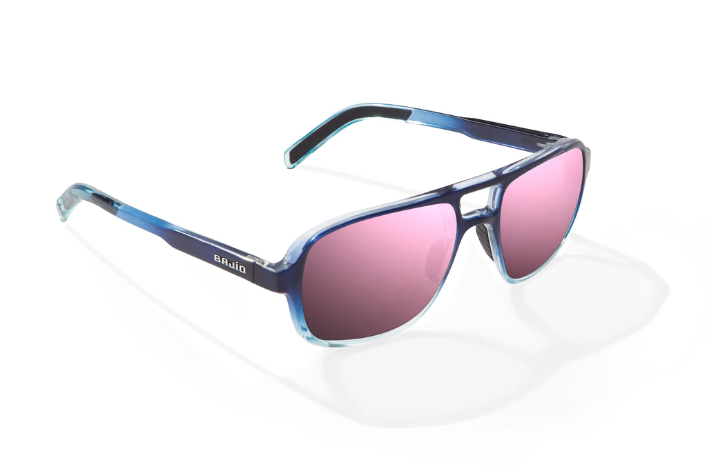 Angled view of Blue Sky Gloss 12 South Bajio beach sunglasses, bio-based nylon frames with rose mirror polarized lenses, large-fit premium, built in sun ledge and sturdy barrel hinges, ideal for fishing and outdoor use.