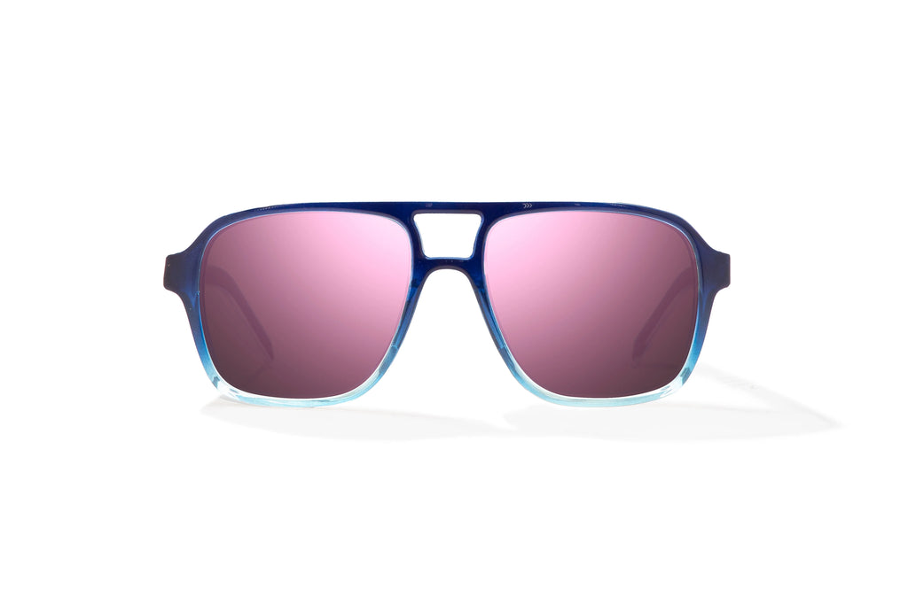 Front view of Blue Sky Gloss 12 South Bajio beach sunglasses, bio-based nylon frames with rose mirror polarized lenses, large-fit premium, built in sun ledge and sturdy barrel hinges, ideal for fishing and outdoor use.