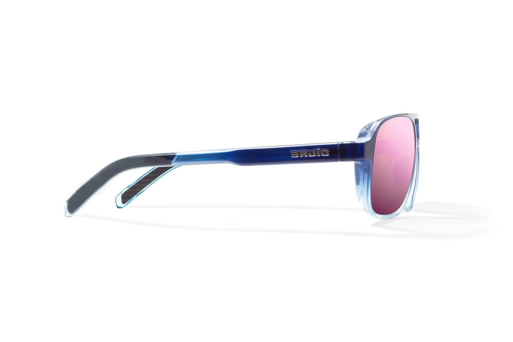 Side view of Blue Sky Gloss 12 South Bajio beach sunglasses, bio-based nylon frames with rose mirror polarized lenses, large-fit premium, built in sun ledge and sturdy barrel hinges, ideal for fishing and outdoor use.