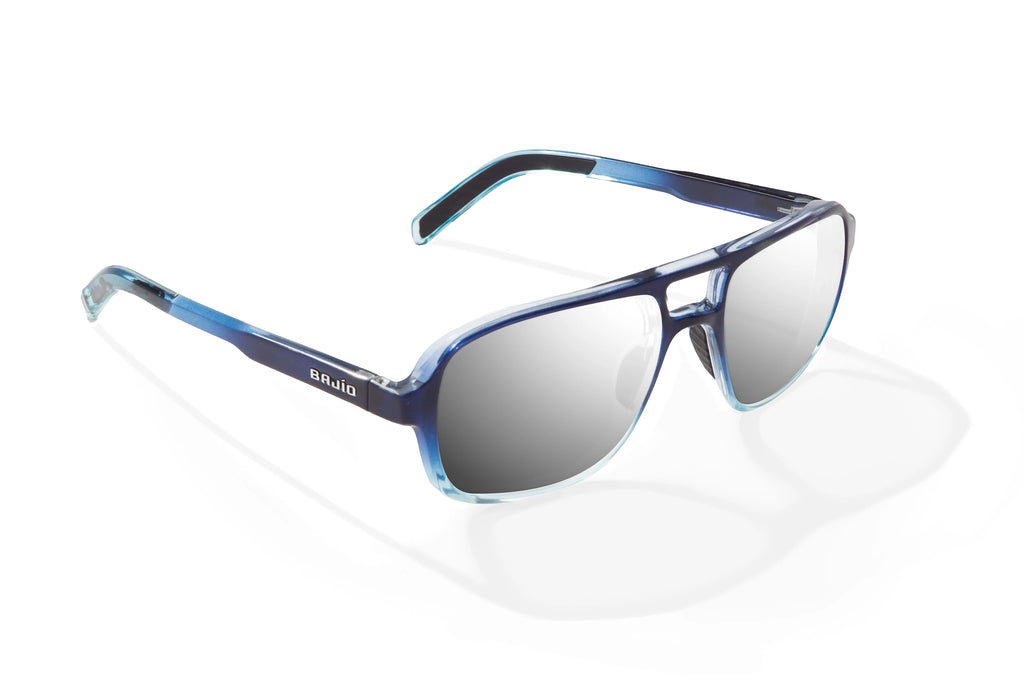 Angled view of Blue Sky Gloss 12 South Bajio beach sunglasses, bio-based nylon frames with silver mirror polarized lenses, large-fit premium, built in sun ledge and sturdy barrel hinges, ideal for fishing and outdoor use.