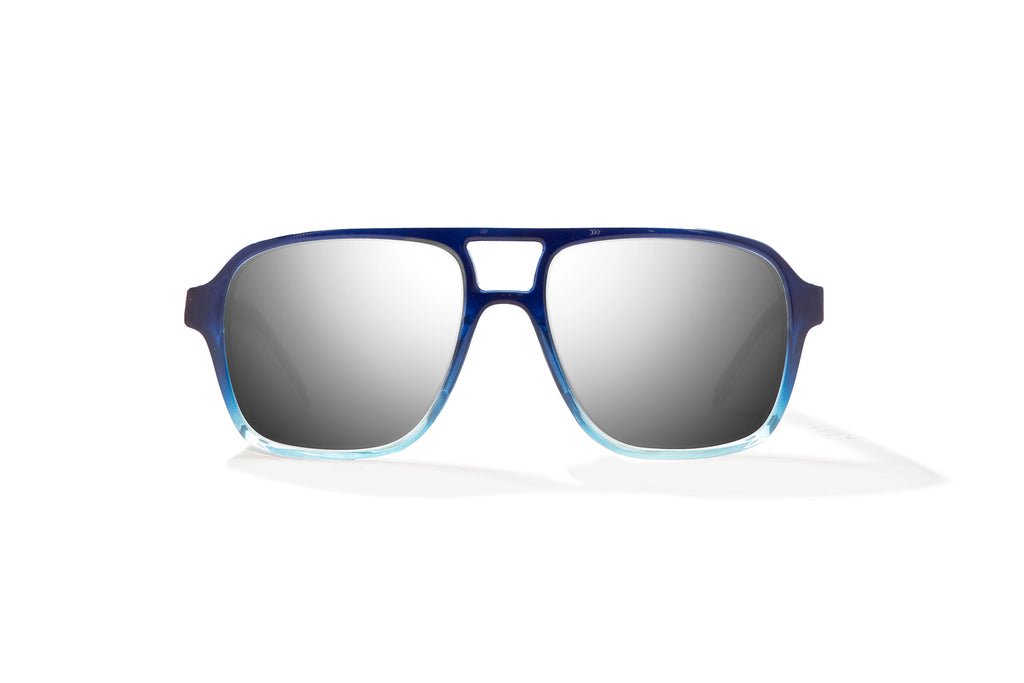 Front view of Blue Sky Gloss 12 South Bajio beach sunglasses, bio-based nylon frames with silver mirror polarized lenses, large-fit premium, built in sun ledge and sturdy barrel hinges, ideal for fishing and outdoor use.