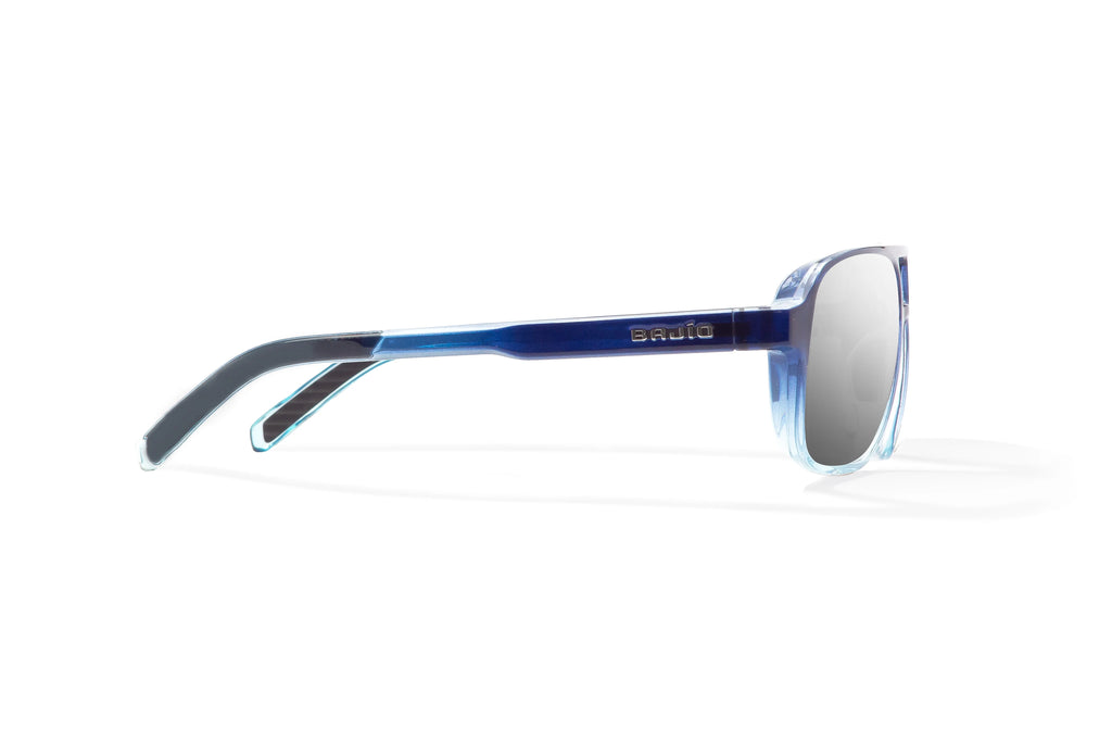 Side view of Blue Sky Gloss 12 South Bajio beach sunglasses, bio-based nylon frames with silver mirror polarized lenses, large-fit premium, built in sun ledge and sturdy barrel hinges, ideal for fishing and outdoor use.