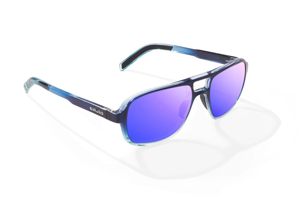 Angled view of Blue Sky Gloss 12 South Bajio beach sunglasses, bio-based nylon frames with violet mirror polarized lenses, large-fit premium, built in sun ledge and sturdy barrel hinges, ideal for fishing and outdoor use.