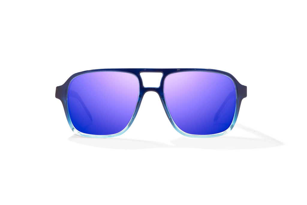 Front view of Blue Sky Gloss 12 South Bajio beach sunglasses, bio-based nylon frames with violet mirror polarized lenses, large-fit premium, built in sun ledge and sturdy barrel hinges, ideal for fishing and outdoor use.