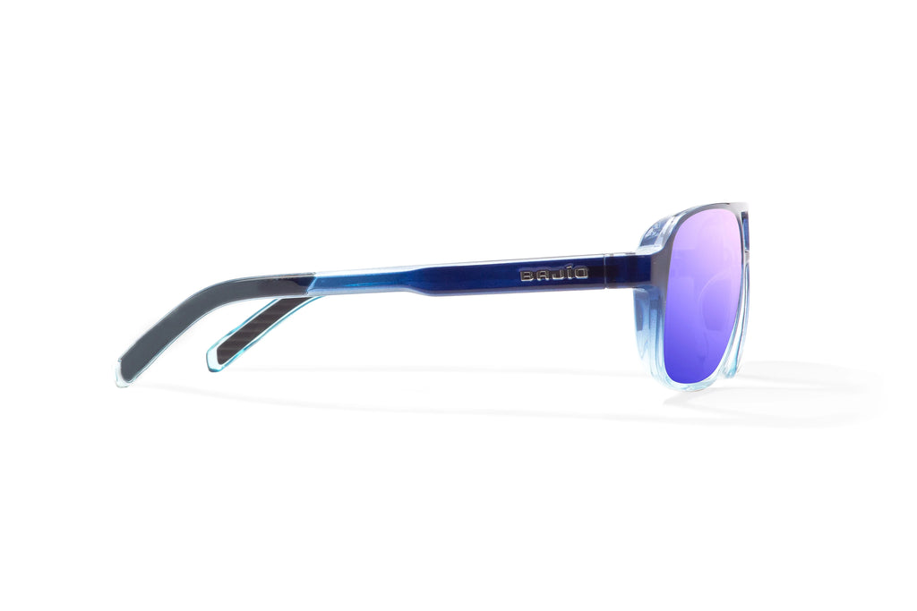 Side view of Blue Sky Gloss 12 South Bajio beach sunglasses, bio-based nylon frames with violet mirror polarized lenses, large-fit premium, built in sun ledge and sturdy barrel hinges, ideal for fishing and outdoor use.