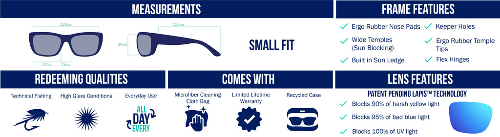 Small fit polarized sunglasses ideal for fishing and high-glare conditions. LAPIS™ lenses block 90% yellow light, 95% blue light, and 100% UV rays. Available in lens colors suited for all fishing types including fly, freshwater, saltwater, and offshore. Features include wide sun-blocking temples, ergo rubber nose pads, temple tips, sun ledge, keeper holes, and flex hinges. Includes microfiber cleaning cloth, recycled case, and limited lifetime warranty.