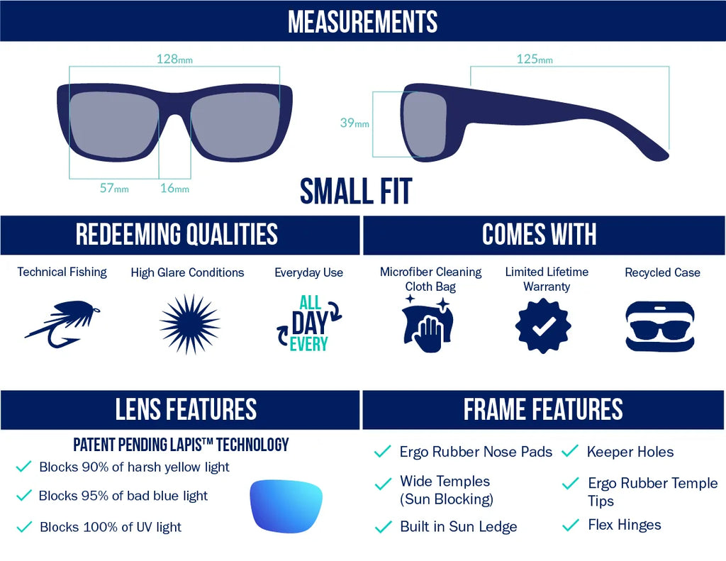 Small fit polarized sunglasses ideal for fishing and high-glare conditions. LAPIS™ lenses block 90% yellow light, 95% blue light, and 100% UV rays. Available in lens colors suited for all fishing types including fly, freshwater, saltwater, and offshore. Features include wide sun-blocking temples, ergo rubber nose pads, temple tips, sun ledge, keeper holes, and flex hinges. Includes microfiber cleaning cloth, recycled case, and limited lifetime warranty.