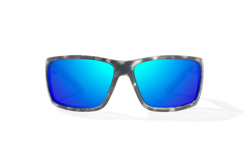 Front view of Gray Rock Matte Bales Beach Bajio tech angler sunglasses, bio-based nylon frames with blue mirror polarized lenses, full wrap, large fit, premium built in sun ledge and pin hinges, ideal for fishing and outdoor use.
