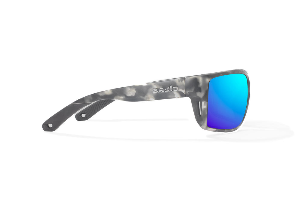 Side view of Gray Rock Matte Bales Beach Bajio tech angler sunglasses, bio-based nylon frames with blue mirror polarized lenses, full wrap, large fit, premium built in sun ledge and pin hinges, ideal for fishing and outdoor use.
