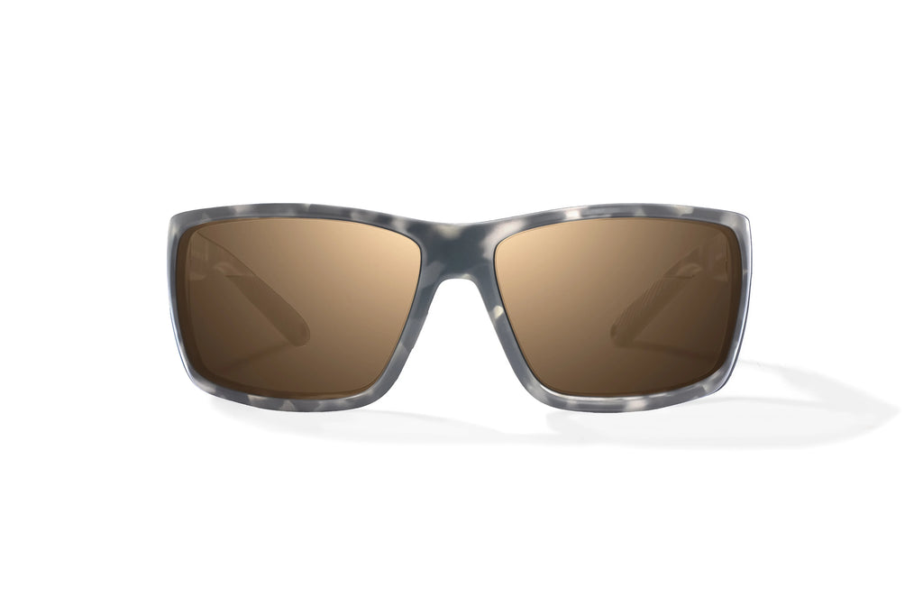Front view of Gray Rock Matte Bales Beach Bajio tech angler sunglasses, bio-based nylon frames with copper polarized lenses, full wrap, large fit, premium built in sun ledge and pin hinges, ideal for fishing and outdoor use.