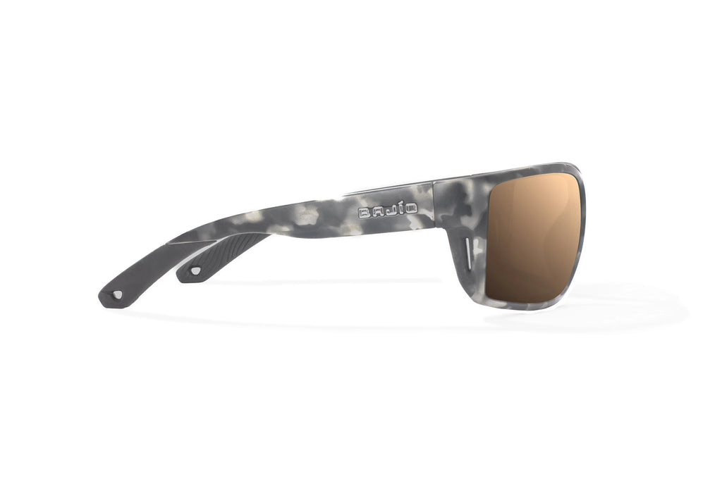 Side view of Gray Rock Matte Bales Beach Bajio tech angler sunglasses, bio-based nylon frames with copper polarized lenses, full wrap, large fit, premium built in sun ledge and pin hinges, ideal for fishing and outdoor use.