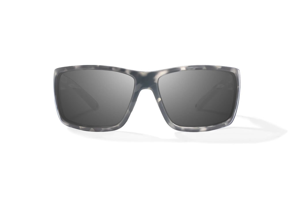 Front view of Gray Rock Matte Bales Beach Bajio tech angler sunglasses, bio-based nylon frames with gray polarized lenses, full wrap, large fit, premium built in sun ledge and pin hinges, ideal for fishing and outdoor use.
