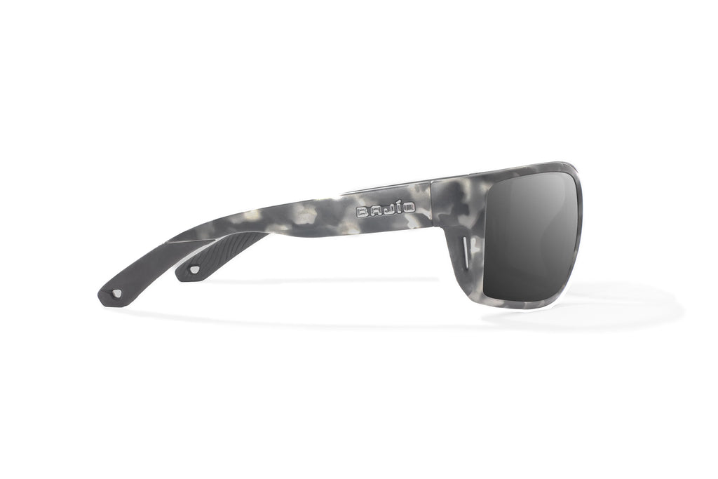 Side view of Gray Rock Matte Bales Beach Bajio tech angler sunglasses, bio-based nylon frames with gray polarized lenses, full wrap, large fit, premium built in sun ledge and pin hinges, ideal for fishing and outdoor use.