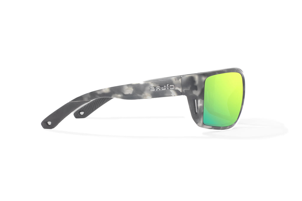 Side view of Gray Rock Matte Bales Beach Bajio tech angler sunglasses, bio-based nylon frames with green mirror polarized lenses, full wrap, large fit, premium built in sun ledge and pin hinges, ideal for fishing and outdoor use.