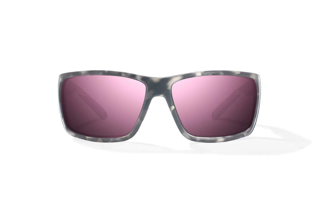 Front view of Gray Rock Matte Bales Beach Bajio tech angler sunglasses, bio-based nylon frames with rose mirror polarized lenses, full wrap, large fit, premium built in sun ledge and pin hinges, ideal for fishing and outdoor use.