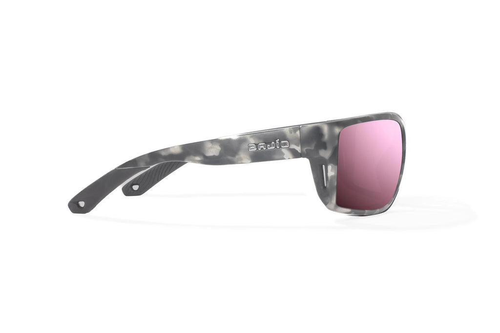 Side view of Gray Rock Matte Bales Beach Bajio tech angler sunglasses, bio-based nylon frames with rose mirror polarized lenses, full wrap, large fit, premium built in sun ledge and pin hinges, ideal for fishing and outdoor use.