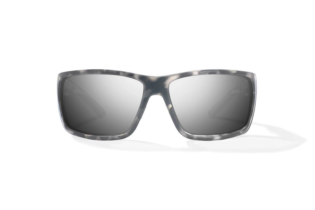 Front view of Gray Rock Matte Bales Beach Bajio tech angler sunglasses, bio-based nylon frames with silver mirror polarized lenses, full wrap, large fit, premium built in sun ledge and pin hinges, ideal for fishing and outdoor use.