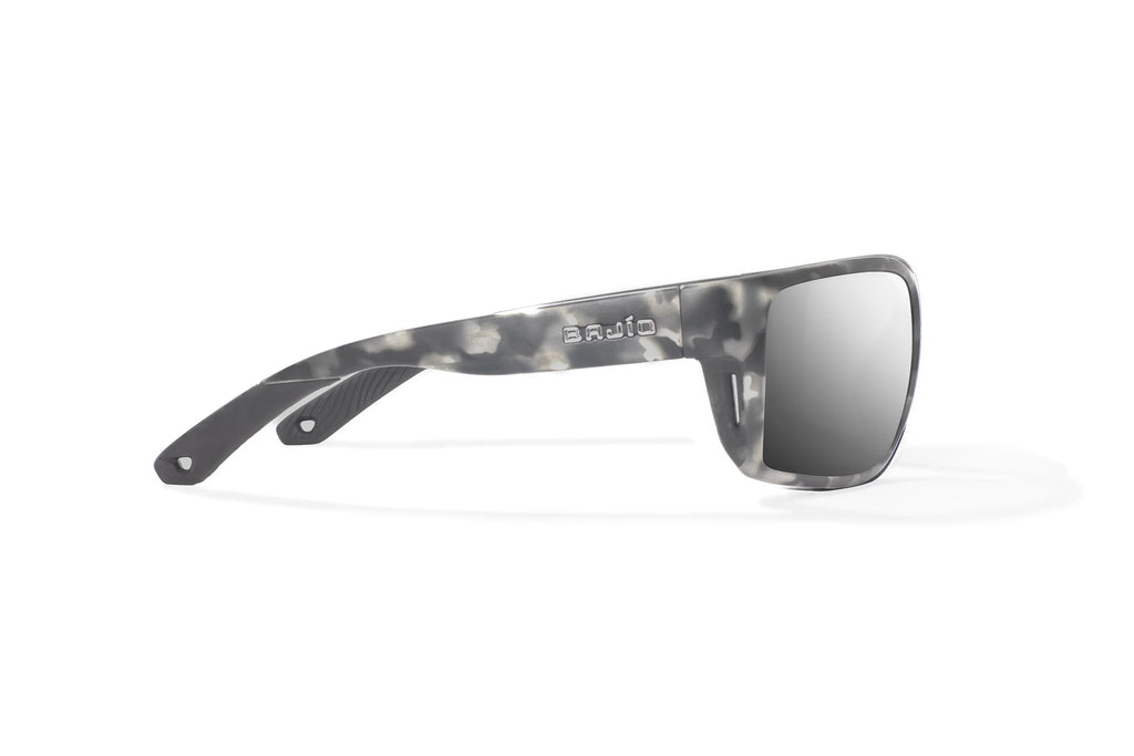 Side view of Gray Rock Matte Bales Beach Bajio tech angler sunglasses, bio-based nylon frames with silver mirror polarized lenses, full wrap, large fit, premium built in sun ledge and pin hinges, ideal for fishing and outdoor use.