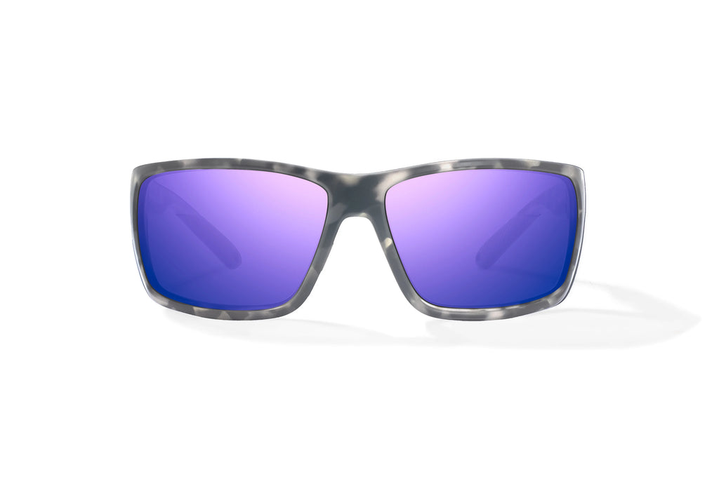Front view of Gray Rock Matte Bales Beach Bajio tech angler sunglasses, bio-based nylon frames with violet mirror polarized lenses, full wrap, large fit, premium built in sun ledge and pin hinges, ideal for fishing and outdoor use.