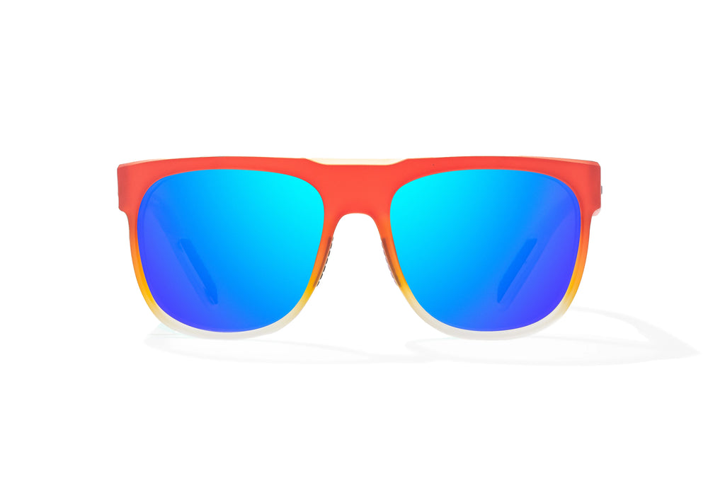 Front view of Red Yellow Sky Matte Chelem Bajio surf sunglasses, bio-based nylon frames with blue mirror polarized lenses, medium wrap, medium fit, premium built in sun ledge and flex hinges, ideal for fishing and outdoor use.