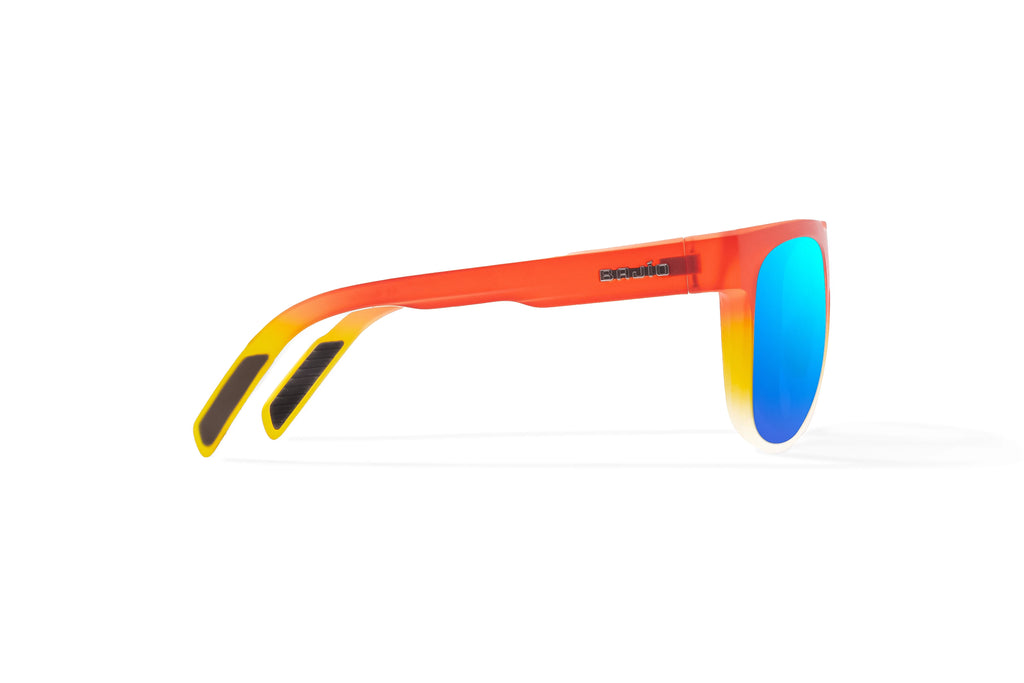 Side view of Red Yellow Sky Matte Chelem Bajio surf sunglasses, bio-based nylon frames with blue mirror polarized lenses, medium wrap, medium fit, premium built in sun ledge and flex hinges, ideal for fishing and outdoor use.