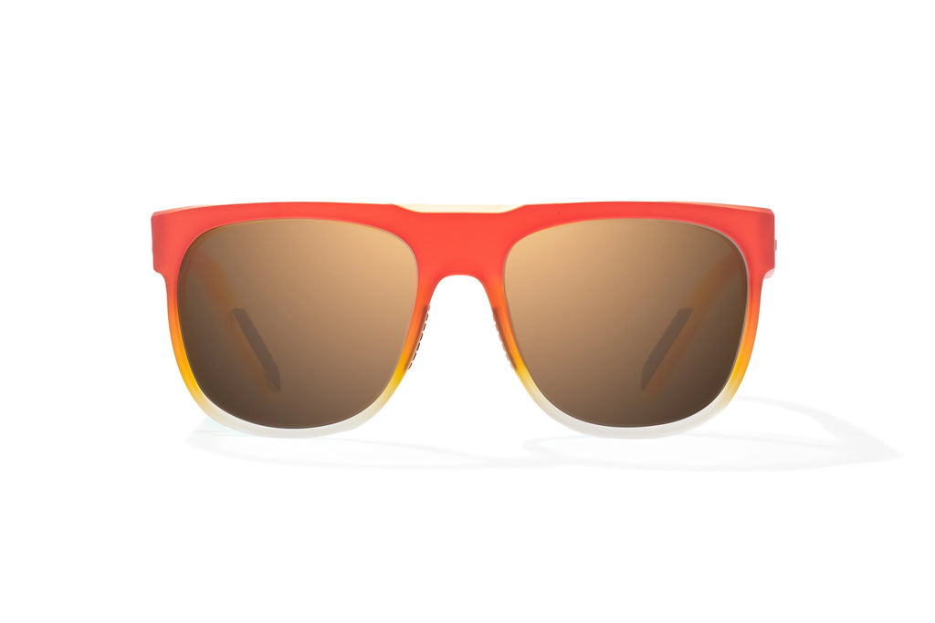 Front view of Red Yellow Sky Matte Chelem Bajio surf sunglasses, bio-based nylon frames with copper polarized lenses, medium wrap, medium fit, premium built in sun ledge and flex hinges, ideal for fishing and outdoor use.