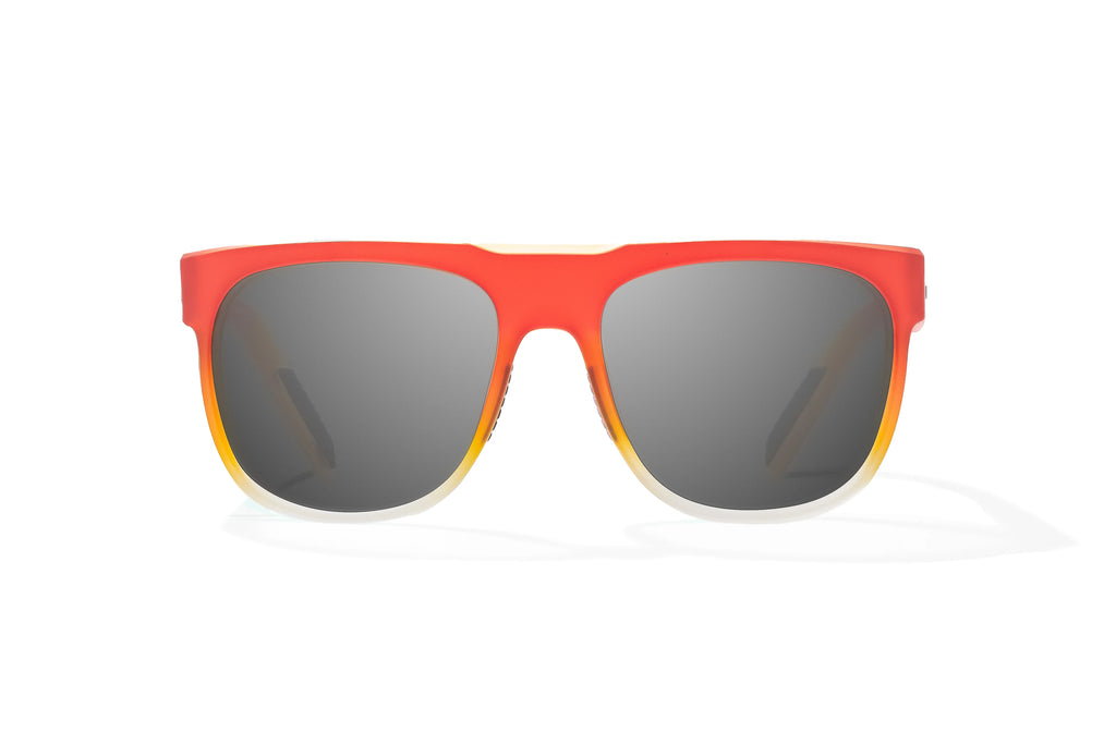 Front view of Red Yellow Sky Matte Chelem Bajio surf sunglasses, bio-based nylon frames with gray polarized lenses, medium wrap, medium fit, premium built in sun ledge and flex hinges, ideal for fishing and outdoor use.