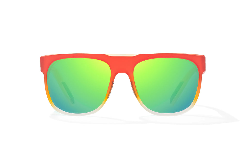 Front view of Red Yellow Sky Matte Chelem Bajio surf sunglasses, bio-based nylon frames with green mirror polarized lenses, medium wrap, medium fit, premium built in sun ledge and flex hinges, ideal for fishing and outdoor use.