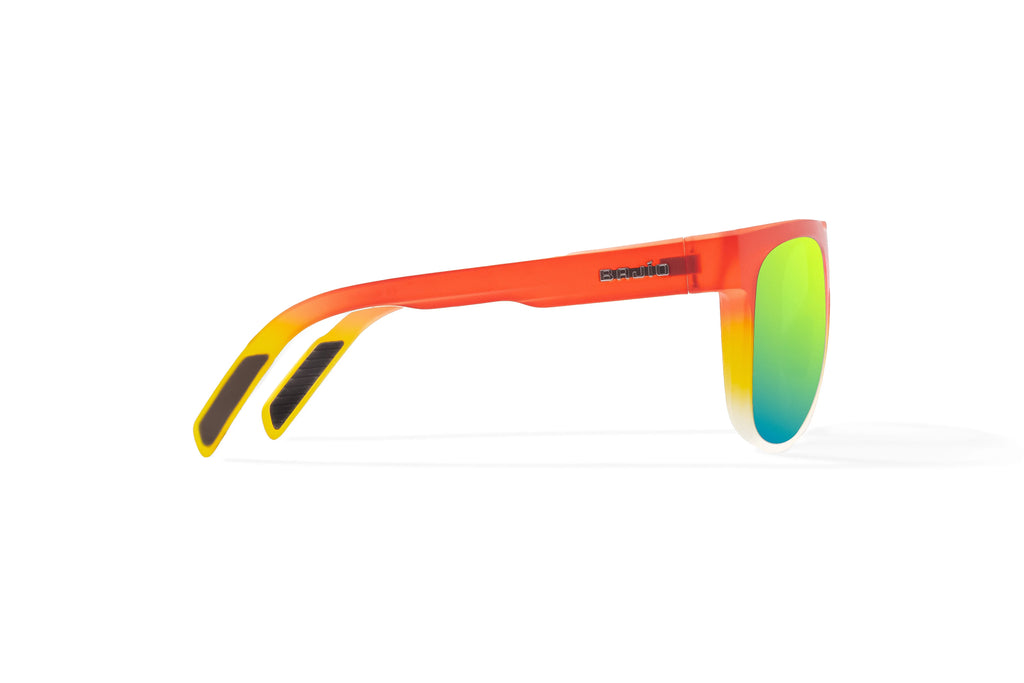 Side view of Red Yellow Sky Matte Chelem Bajio surf sunglasses, bio-based nylon frames with green mirror polarized lenses, medium wrap, medium fit, premium built in sun ledge and flex hinges, ideal for fishing and outdoor use.