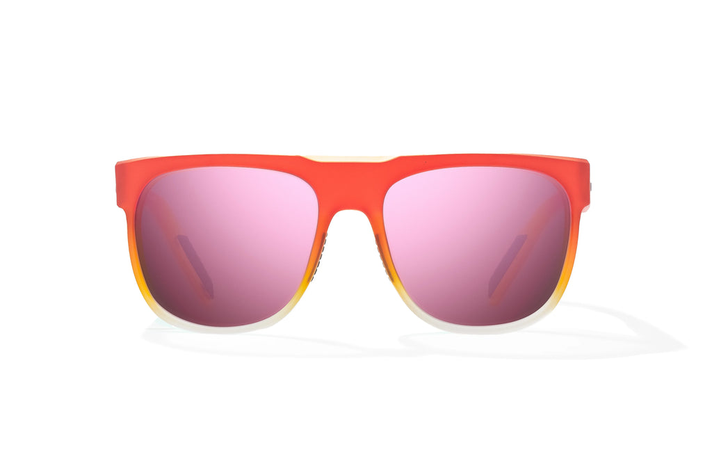 Front view of Red Yellow Sky Matte Chelem Bajio surf sunglasses, bio-based nylon frames with rose mirror polarized lenses, medium wrap, medium fit, premium built in sun ledge and flex hinges, ideal for fishing and outdoor use.