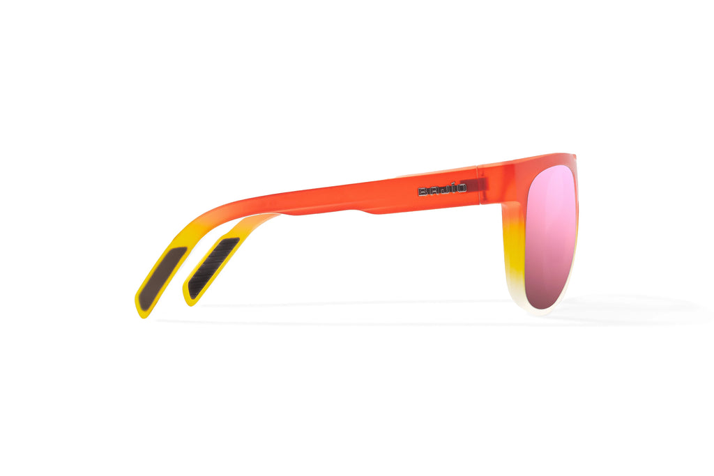 Side view of Red Yellow Sky Matte Chelem Bajio surf sunglasses, bio-based nylon frames with rose mirror polarized lenses, medium wrap, medium fit, premium built in sun ledge and flex hinges, ideal for fishing and outdoor use.