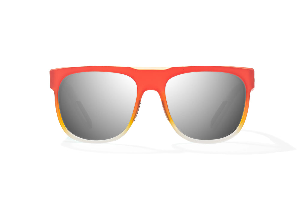 Front view of Red Yellow Sky Matte Chelem Bajio surf sunglasses, bio-based nylon frames with silver mirror polarized lenses, medium wrap, medium fit, premium built in sun ledge and flex hinges, ideal for fishing and outdoor use.