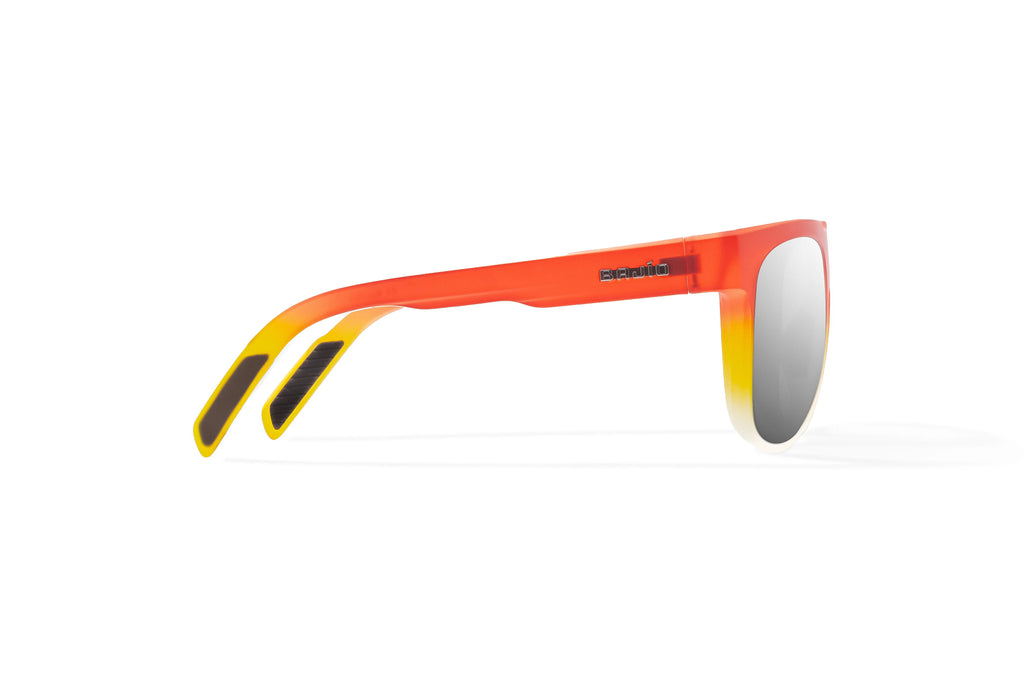 Side view of Red Yellow Sky Matte Chelem Bajio surf sunglasses, bio-based nylon frames with silver mirror polarized lenses, medium wrap, medium fit, premium built in sun ledge and flex hinges, ideal for fishing and outdoor use.