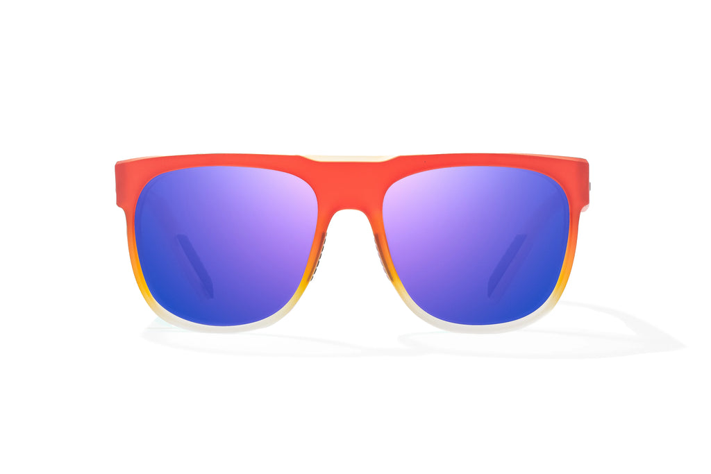 Front view of Red Yellow Sky Matte Chelem Bajio surf sunglasses, bio-based nylon frames with violet mirror polarized lenses, medium wrap, medium fit, premium built in sun ledge and flex hinges, ideal for fishing and outdoor use.