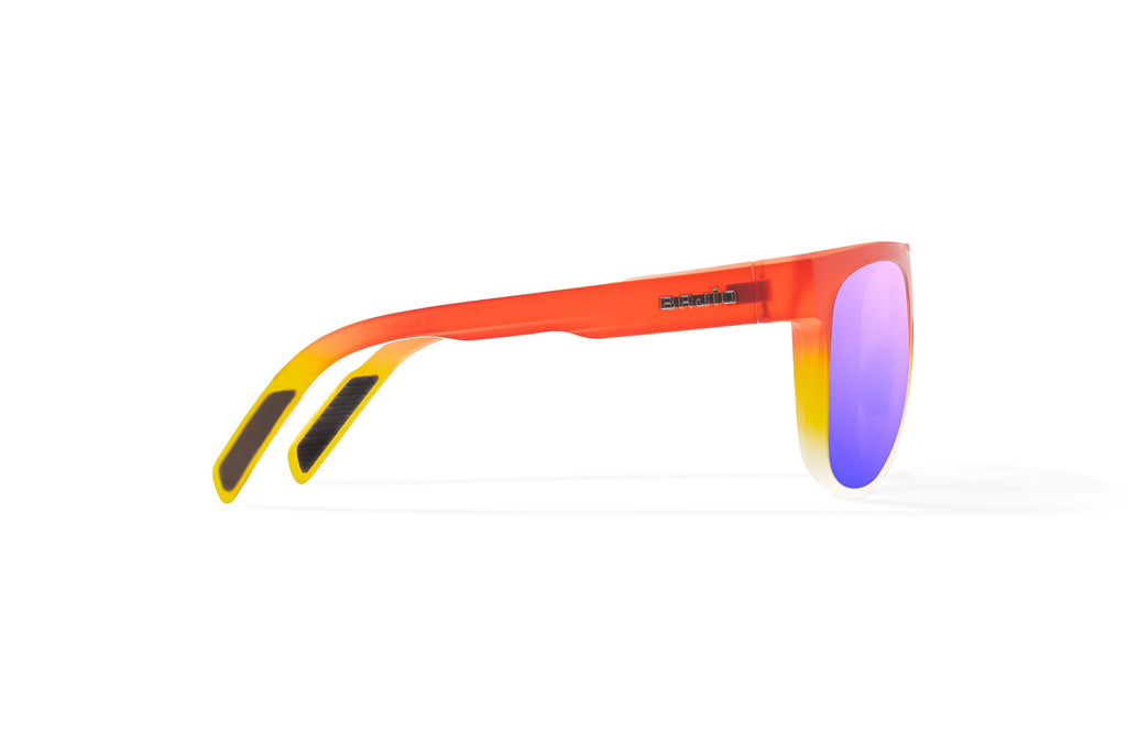 Side view of Red Yellow Sky Matte Chelem Bajio surf sunglasses, bio-based nylon frames with violet mirror polarized lenses, medium wrap, medium fit, premium built in sun ledge and flex hinges, ideal for fishing and outdoor use.