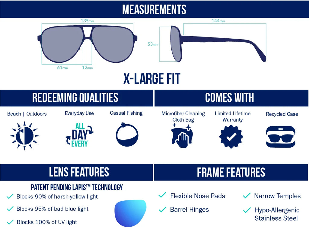 X-Large fit aviator-style sunglasses with LAPIS™ lens tech that blocks 90% yellow light, 95% blue light, and 100% UV. Great for beach, outdoors, casual fishing, and everyday wear. Lens color options like Violet, Rose, Silver, Copper, Green, Grey, and Blue support fishing in all environments. Features hypo-allergenic stainless steel, flexible nose pads, narrow temples, and barrel hinges. Includes microfiber cloth, recycled case, and lifetime warranty. 61mm lenses, 135mm frame.