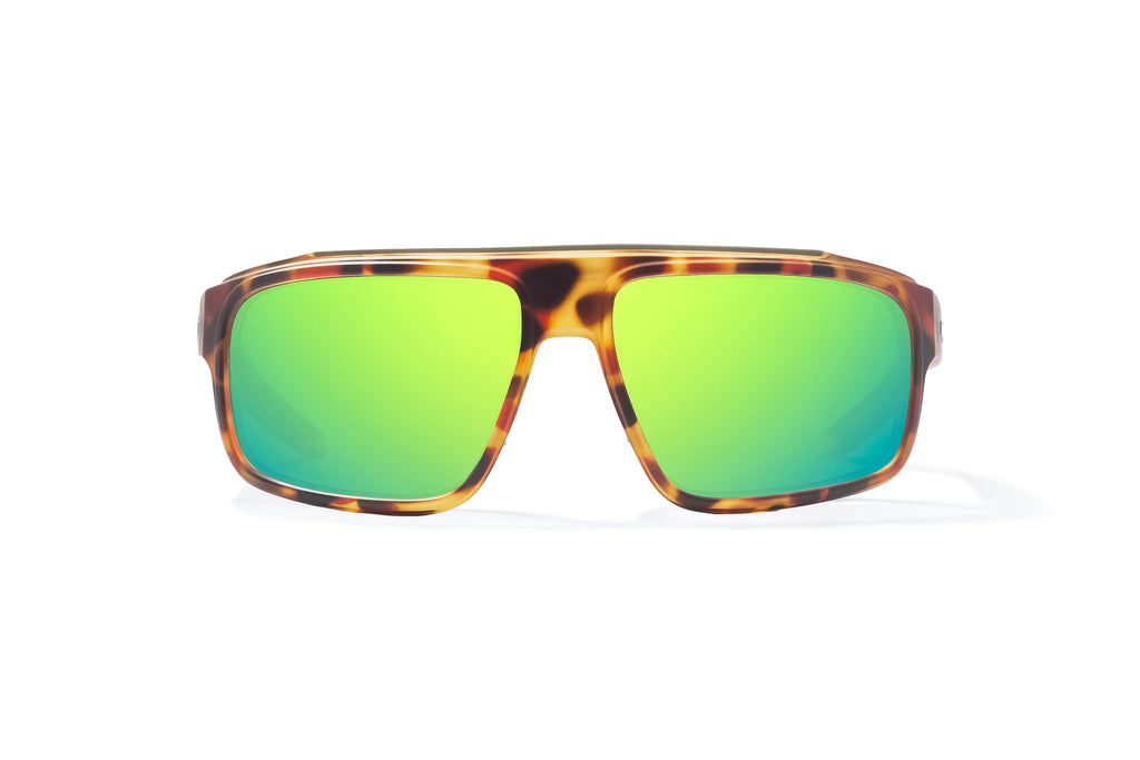 Front view of Green Water Matte Greenland Bajio tech angler sunglasses, bio-based nylon frames with green mirror polarized lenses, full wrap, large fit, premium built in sun ledge and flex hinges, ideal for fishing and outdoor use.
