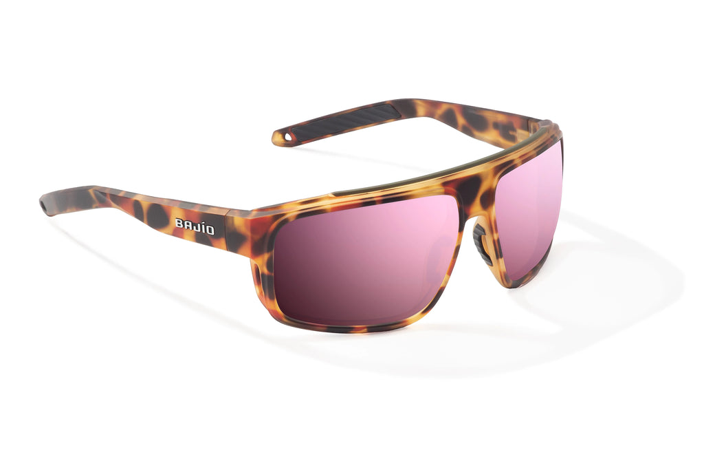Angled view of Green Water Matte Greenland Bajio tech angler sunglasses, bio-based nylon frames with rose mirror polarized lenses, full wrap, large fit, premium built in sun ledge and flex hinges, ideal for fishing and outdoor use.