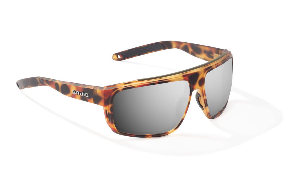 Angled view of Green Water Matte Greenland Bajio tech angler sunglasses, bio-based nylon frames with silver mirror polarized lenses, full wrap, large fit, premium built in sun ledge and flex hinges, ideal for fishing and outdoor use.