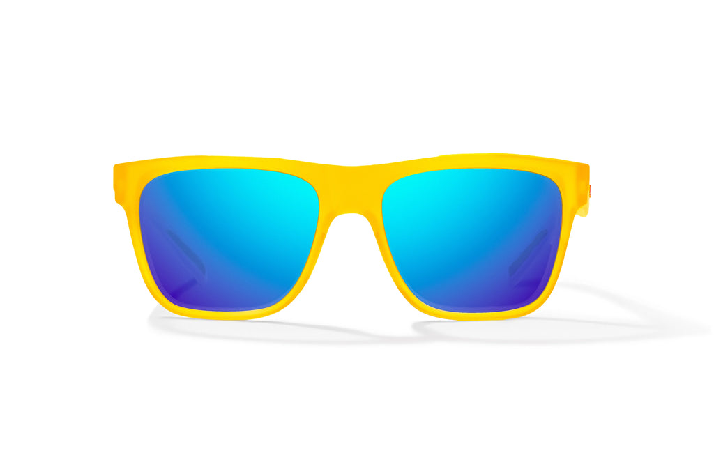 Front view of Yellow Glass Matte Hopedale Bajio surf sunglasses, bio-based nylon frames with blue mirror polarized lenses, medium wrap, large fit, premium built in sun ledge and flex hinges, ideal for fishing and outdoor use.